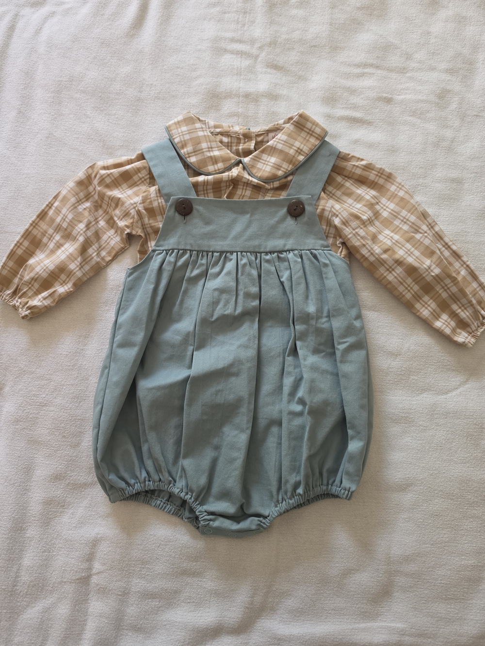 The Smocking Place Toddler Boys' Blue Bubble Overalls with Tan Plaid Blouse